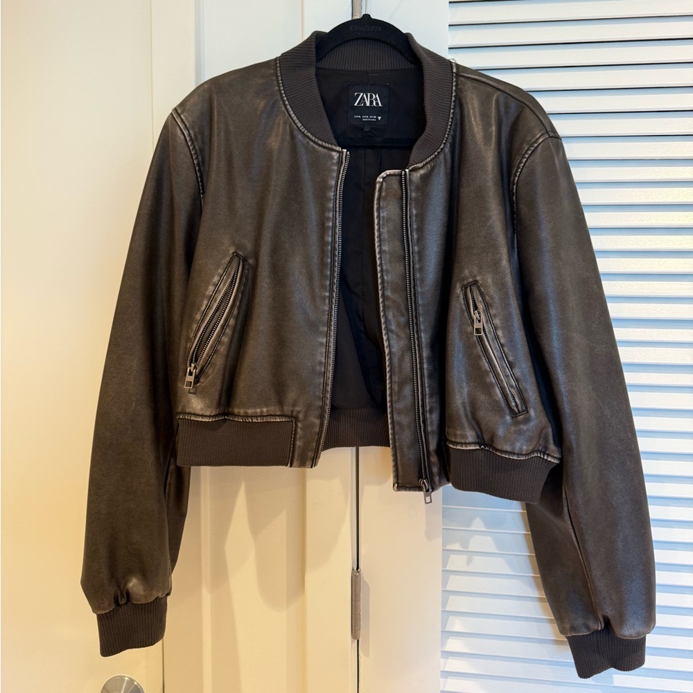 Zara Women's Dark Brown cropped Bomber Jacket
